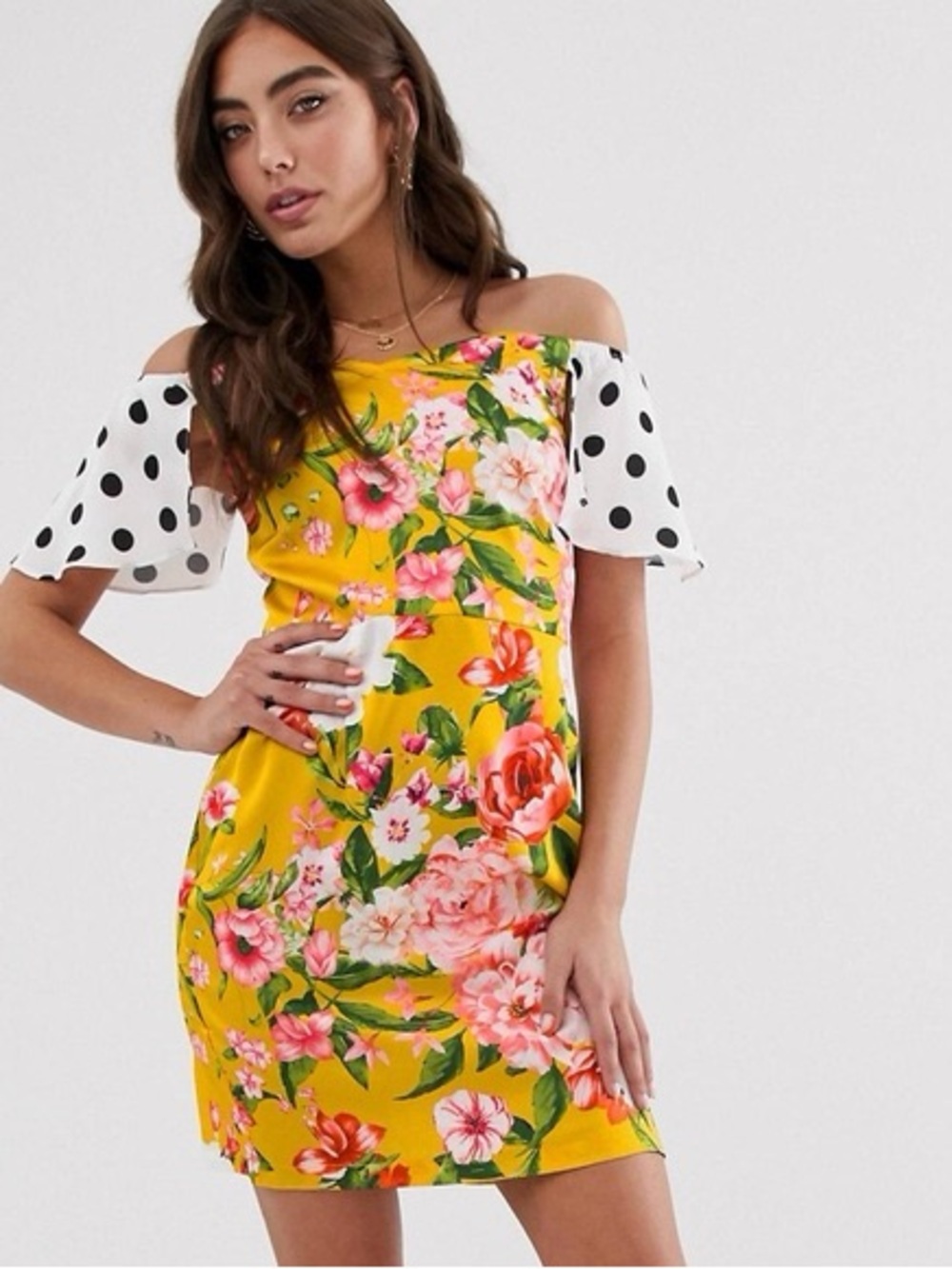 Floral Yellow Off-Shoulder Dress with Polka Dot Sleeves